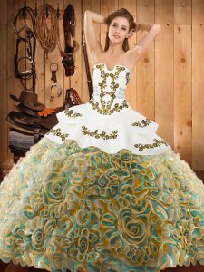 Sleeveless With Train Embroidery Lace Up 15th Birthday Dress with Multi-color Sweep Train