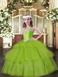 Top Selling Olive Green Organza Lace Up Straps Sleeveless Floor Length Kids Formal Wear Beading and Ruffled Layers