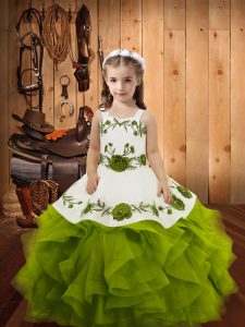 Charming Olive Green Tulle Lace Up Straps Sleeveless Floor Length Pageant Dress for Teens Embroidery and Ruffles