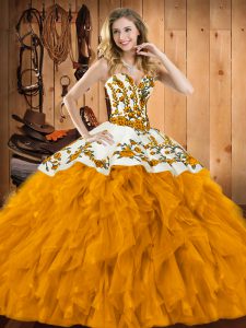 Modest Ball Gowns Quinceanera Dresses Gold Sweetheart Satin and Organza Sleeveless Floor Length Lace Up