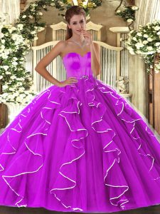 Vintage Floor Length Lace Up Sweet 16 Quinceanera Dress Fuchsia for Military Ball and Sweet 16 and Quinceanera with Beading and Ruffles