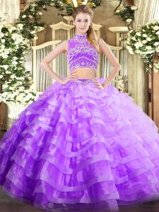 Cute Two Pieces Sweet 16 Quinceanera Dress Lavender High-neck Tulle Sleeveless Floor Length Backless