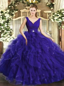 Chic Purple Backless Quince Ball Gowns Beading and Ruffles Sleeveless Floor Length