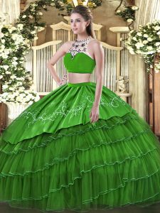 Decent High-neck Sleeveless Sweet 16 Dresses Floor Length Beading and Embroidery and Ruffles Green Tulle