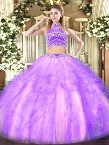 Lavender Sleeveless Tulle Backless Quinceanera Gown for Military Ball and Sweet 16 and Quinceanera