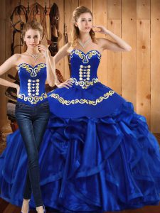 Superior Sleeveless Organza Floor Length Lace Up Quinceanera Dress in Royal Blue with Embroidery and Ruffles