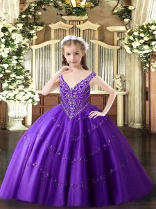 Enchanting Purple Ball Gowns V-neck Sleeveless Tulle Floor Length Lace Up Beading and Appliques High School Pageant Dress