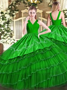 Trendy Ball Gowns Quinceanera Dress Green V-neck Satin and Organza Sleeveless Floor Length Zipper