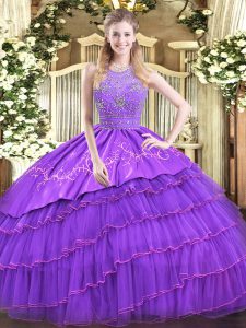 Dazzling Satin and Tulle Halter Top Sleeveless Zipper Beading and Embroidery and Ruffled Layers Sweet 16 Dresses in Lavender