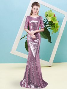Modern Floor Length Zipper Prom Evening Gown Fuchsia for Prom and Party with Sequins