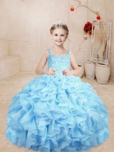 High Class Baby Blue Organza Lace Up Straps Sleeveless Floor Length Little Girls Pageant Dress Wholesale Beading and Ruffles