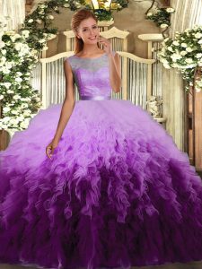 Tulle Scoop Sleeveless Backless Beading and Appliques and Ruffles 15 Quinceanera Dress in Multi-color