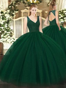 Glittering Tulle and Sequined V-neck Sleeveless Zipper Beading Quince Ball Gowns in Dark Green