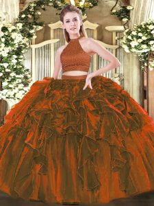 Romantic Sleeveless Organza Floor Length Backless 15th Birthday Dress in Brown with Beading and Ruffles