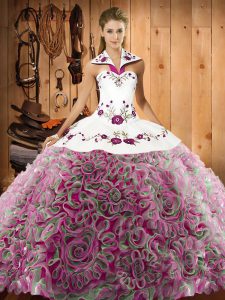 Stunning Multi-color Quinceanera Dresses Military Ball and Sweet 16 and Quinceanera with Embroidery Halter Top Sleeveless Sweep Train Lace Up
