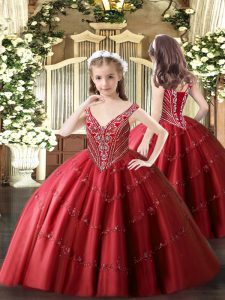 Floor Length Red Pageant Dress Tulle Sleeveless Beading and Appliques