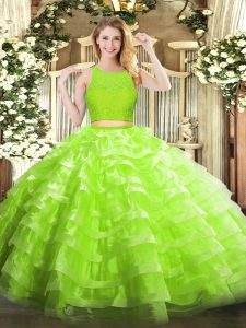 Yellow Green Zipper Scoop Lace and Ruffled Layers Quinceanera Gowns Organza Sleeveless