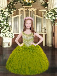 Beauteous Olive Green Organza Lace Up Little Girl Pageant Dress Sleeveless Floor Length Beading and Ruffles