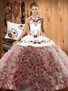 Traditional Sleeveless Embroidery Lace Up Quinceanera Gown with Multi-color Sweep Train