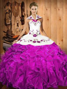 Gorgeous Fuchsia Quinceanera Dress Military Ball and Sweet 16 and Quinceanera with Embroidery and Ruffles Halter Top Sleeveless Lace Up