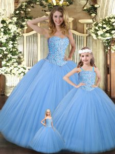 Cheap Tulle Sweetheart Sleeveless Lace Up Beading Vestidos de Quinceanera in Baby Blue