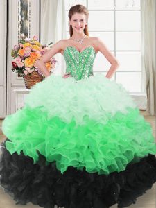 Best Multi-color Lace Up Sweetheart Beading and Ruffles Sweet 16 Quinceanera Dress Organza Sleeveless