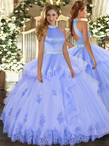 Sleeveless Tulle Floor Length Backless Quinceanera Dresses in Lavender with Beading and Appliques
