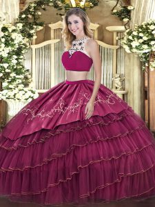 Edgy Fuchsia Two Pieces Beading and Embroidery and Ruffled Layers Quinceanera Gown Backless Tulle Sleeveless Floor Length