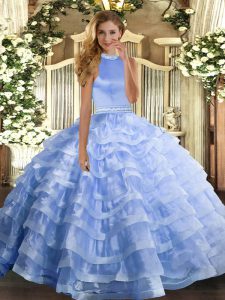 Floor Length Backless Sweet 16 Dresses Blue for Military Ball and Sweet 16 and Quinceanera with Beading and Ruffled Layers