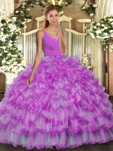 Sleeveless Organza Floor Length Backless Vestidos de Quinceanera in Lilac with Beading and Ruffles