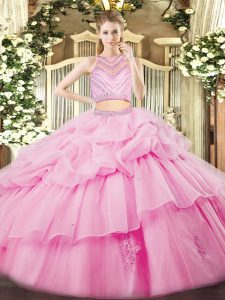 Cute Rose Pink High-neck Zipper Beading and Ruffles Sweet 16 Dresses Sleeveless
