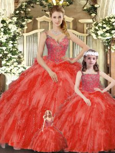 Captivating Sleeveless Organza Floor Length Lace Up Vestidos de Quinceanera in Red with Beading and Ruffles