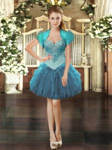 Artistic Teal Sleeveless Organza Lace Up Prom Gown for Prom and Party
