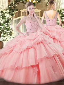 High Quality Baby Pink Tulle Zipper Sweet 16 Quinceanera Dress Sleeveless Floor Length Beading and Ruffles and Pick Ups