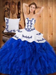 Extravagant Blue And White Lace Up 15th Birthday Dress Embroidery and Ruffles Sleeveless Floor Length