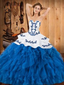 Strapless Sleeveless Quinceanera Dress Floor Length Embroidery and Ruffles Blue And White Satin and Organza