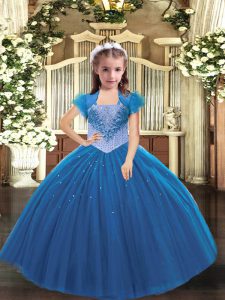 Tulle Straps Sleeveless Lace Up Beading Little Girl Pageant Gowns in Blue