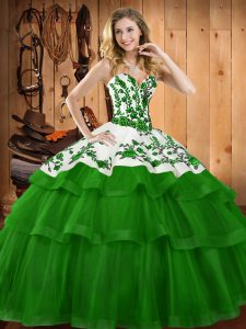 Delicate Lace Up Quinceanera Gown Dark Green for Military Ball and Sweet 16 and Quinceanera with Embroidery Sweep Train