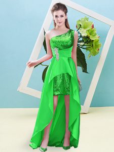 Top Selling One Shoulder Sleeveless Lace Up Green Elastic Woven Satin and Sequined
