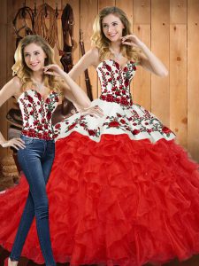 Red Sleeveless Floor Length Embroidery and Ruffles Lace Up Quinceanera Dresses