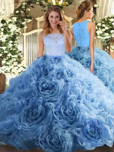Trendy Baby Blue Ball Gowns Scoop Sleeveless Fabric With Rolling Flowers Floor Length Zipper Beading and Ruffles Sweet 16 Quinceanera Dress