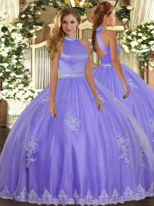 Delicate Lavender Ball Gowns Halter Top Sleeveless Tulle Floor Length Backless Beading and Appliques Quinceanera Gown