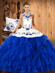 Blue And White Satin and Organza Lace Up 15th Birthday Dress Sleeveless Floor Length Embroidery and Ruffles