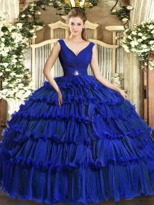 Sophisticated Royal Blue Backless V-neck Beading and Ruffled Layers Ball Gown Prom Dress Organza Sleeveless