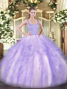 Fancy Beading and Ruffles Sweet 16 Dresses Lavender Zipper Sleeveless Floor Length