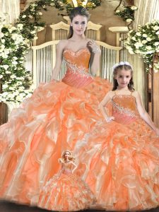 Orange Red Ball Gowns Sweetheart Sleeveless Tulle Floor Length Lace Up Beading and Ruffles Quinceanera Gowns