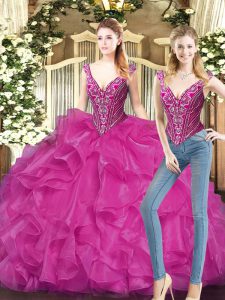 Glamorous Sleeveless Floor Length Ruffles Lace Up Quinceanera Gown with Fuchsia