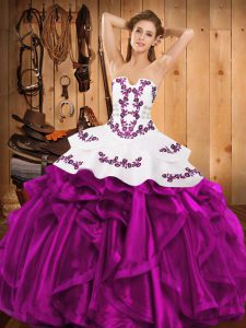 Affordable Fuchsia Sleeveless Satin and Organza Lace Up Sweet 16 Dresses for Military Ball and Sweet 16 and Quinceanera