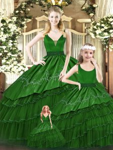 Green Organza Lace Up Quince Ball Gowns Sleeveless Floor Length Beading and Embroidery and Ruffled Layers