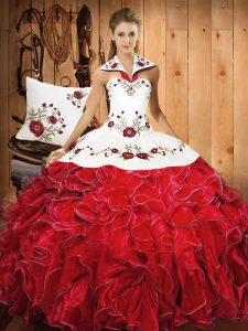 White And Red Sleeveless Embroidery and Ruffles Floor Length Ball Gown Prom Dress
